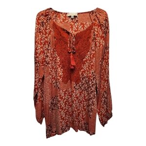 Suzanne Betro Weekend Red and White Patterned Lace Long Sleeved Blouse - Size XL